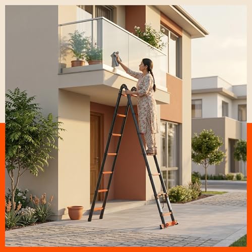Image of Bathla 16.5 Ft A-Type Foldable Steel Telescopic Ladder with Support Wheels | Portable, Compact & Multipurpose Ladder for Home, Industrial and Outdoor Use