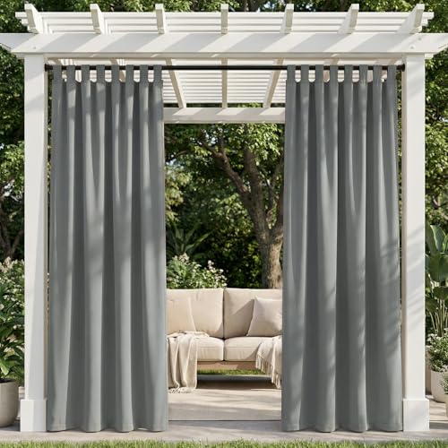 TOPICK Outdoor Vorhang Wetterfest Sonnenschutz Vorhänge mit Schlaufen Blickdicht Wohnzimmer Balkontür Gardine außen Curtains H 215 x B 132 cm 2er Set Wasserabweisend für Balkon Pavillon Hellgrau