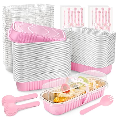 Mini Loaf Pans with Lids and Spoons Rectangular Aluminum Foil Baking Pans Mini Cheesecake Containers 6.8oz(120 Pack, Pink) 120 Pink