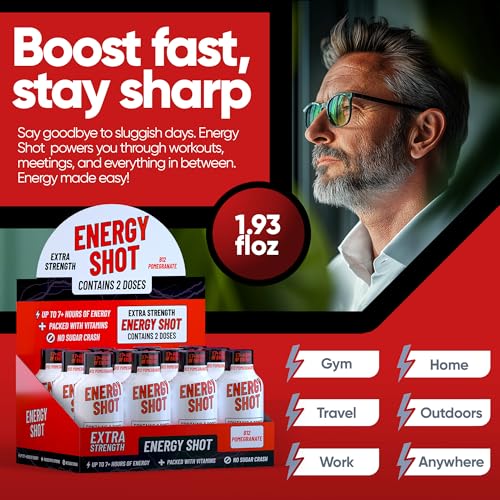 Image of B12 Pomegranate Extra Strength Energy Shot 8 PK - 260mg Natural Caffeine B12 B6 - Energy & Vitality Support - 2 Servings Sugar Free Zero Calorie Green Tea B-Vitamins Electrolytes Vegan - 1.93 fl oz