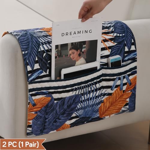 Image of HOKIPO 'LiefNest' Printed Holland Velvet Sofa Armrest Covers | 1 Pair | Tropical Leaves Dusk Blue (IN-827-L-D5*2)