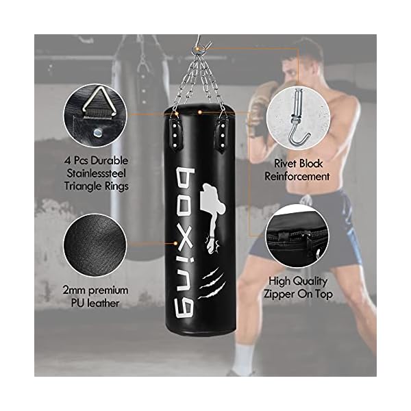 Sporty freestanding sandbag 50 inches, Heavy-Duty Filling Set can be 100 pounds、Adjustable Wall Bracket Ceiling Hook Punch Chain Boxing MMA Muay Thai Karate Taekwondo Kickboxing Training Workout