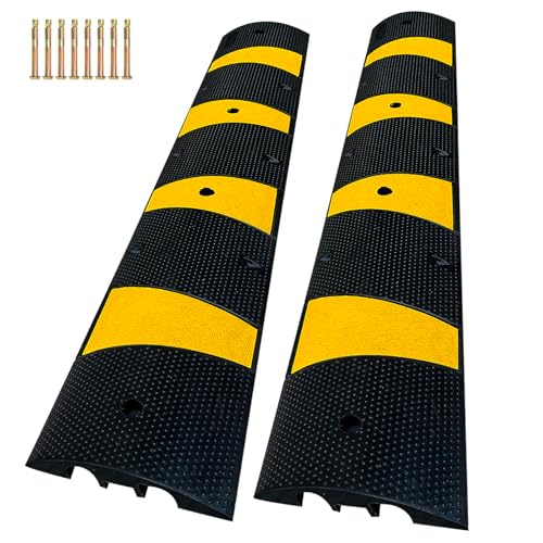 WKINGBOOM 2 Channel Rubber Speed Bumps Humps, 6 Feet Long Traffic Driveway Ramp with 8 Bolts, 22000 lbs Capacity Cable Protector Ramp for Garage Gravel Roads Asphalt Concrete, 2 Packs