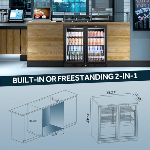 Image of Tylza Back Bar Cooler 2 Door 216 Can Black | built-in /free, fast cool, temp memory, 2 locks, LED, low-e glass