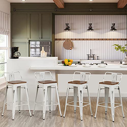 Alunaune 24" Swivel Metal Bar Stools Set Of 4 Counter Height Barstools Industrial Dining Bar Chairs With Modern Wooden Seat-Low Back, Distressed White #TOP2