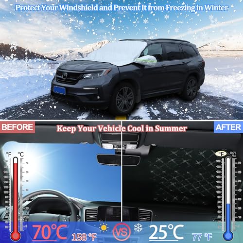 Image of Windshield Snow Cover Compatible with Honda Pilot 2003-2024, Car Snow Cover, Front Windshield Sunshade, Exterior Windscreen Sun Shade, UV-Rays Sun Ice Snow Frost Protector, 4-Layer Windshield Cover