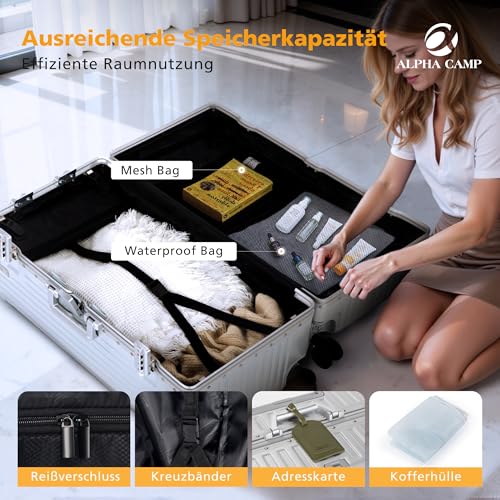 ALPHA CAMP Koffer XL Aluminium Rahmen & Polycarbonat Hartschale mit TSA Schloss Koffer Groß Silber Reisekoffer mit 4 Rollen 40x36x77cm Reisekoffer Suitcase Large 92L Handgepäck Luggage für Reise