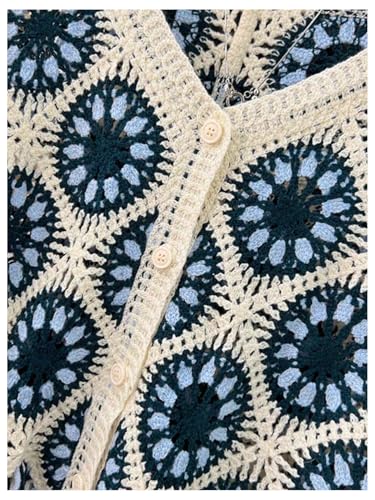 Verdusa Women's Boho Graphic Print Crochet Sweater Vest Button Up Fringe Lightweight Cardigans3