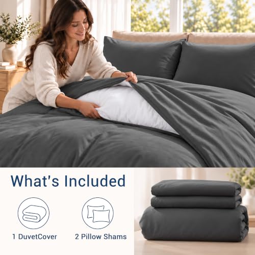 SheRest Prewashed Dark Grey Duvet Cover Queen Size - 3 Pieces, Oeko-TEX Certified, Cotton-Like Polyester, Wrinkle-Free & Ultra Soft, 1 Duvet Cover 90" x 90" & 2 Pillow Shams, Comforter Not Included