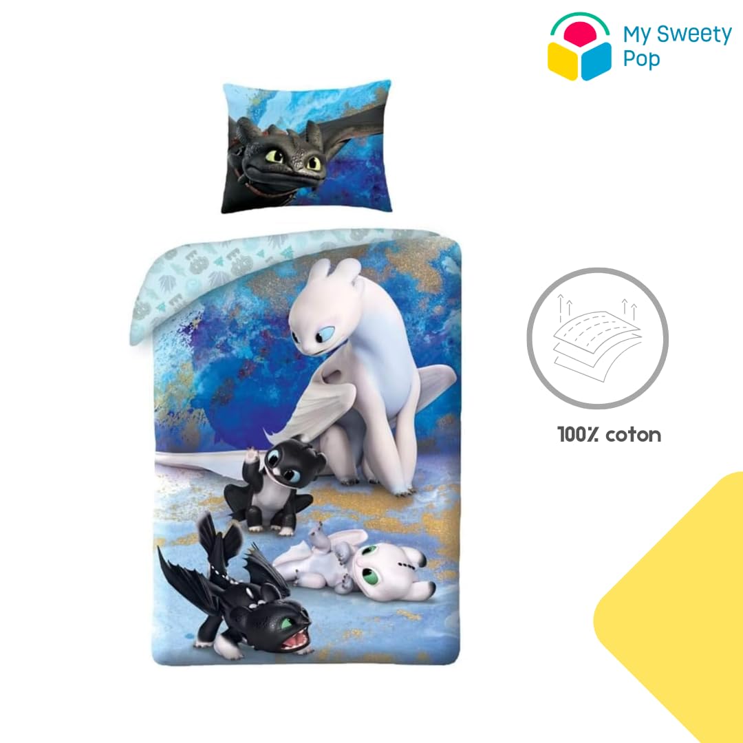 My sweety pop | Housse de Couette Dragon Dragon Puppies 140x200 cm | Parure de Lit Enfant 100% Coton | Taie d'oreiller Extra Large 70x90 cm | Linge de Lit Thème Monde Magique et Krokmou