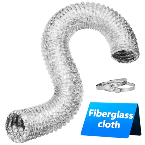 Dryer Vent Hose, 4 Inch x 16 FT Flexible Fiberglass Cloth Dryer Vent Exhaust Duct Hose for Tight Space Aluminum Foil Ducting Kit, Upgraded Fire-Resistant Hose with 2 Key Hose Clamps