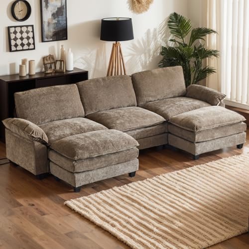 Karl home Sectional Sofa Modular Deep Seat Sofa Couch with Ottoman, Chenille Sofa Sleeper Comfy Upholstered Furniture for Living Room, Apartment, Studio, Office, (3-Seat & 2-Ottoman, Light Brown)