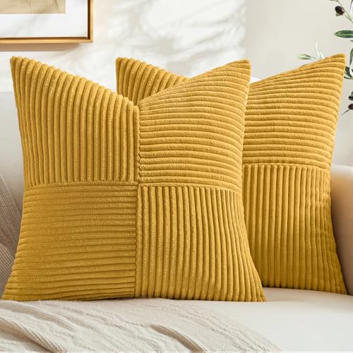 Image of MIULEE Mustard Yellow Decorative Throw Pillow Covers 18x18 Inch for Couch Bed Sofa Pack of 2 Boho Farmhouse Throw Pillows Soft Cross Corduroy Patchwork Textured Cushion Cases