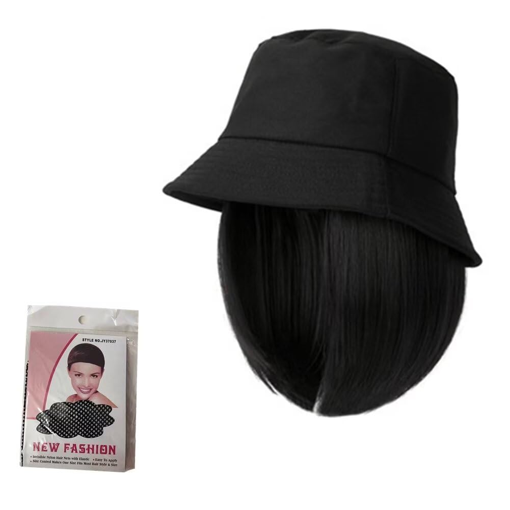 UU BEN Women's Bucket Hats with Hair Extension Attached Bucket Hat BOBO Wig Straight Wig