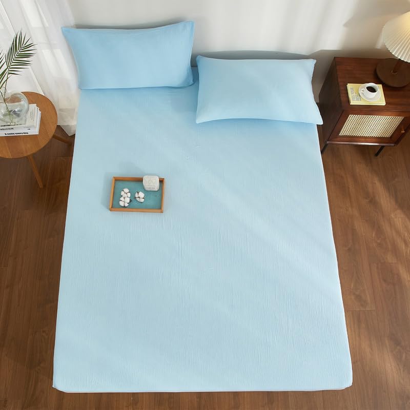 Gezu Musselin Spannbettlaken 90 x 200 cm, 100 % Baumwolle, hellblau, einfarbig, Bettlaken, Baumwollgaze, Spannbettlaken, atmungsaktiv, für dicke Matratzen, hypoallergen, bügelfrei, elastischer Saum