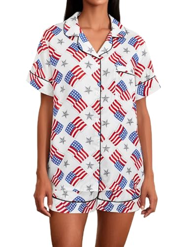 Image of Argeousgor Women 4th Of July Pajama Sets American Flag Short Sleeve Shirt and Shorts 2 Piece Independence Day Pajamas Set