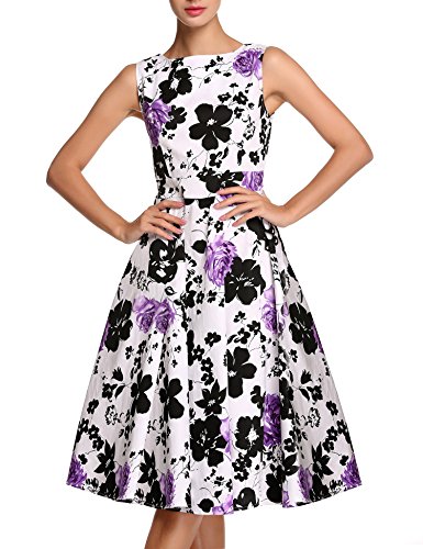 ACEVOG Womens Casual Fit and Flare Floral Sleeveless Swing Dress Purple