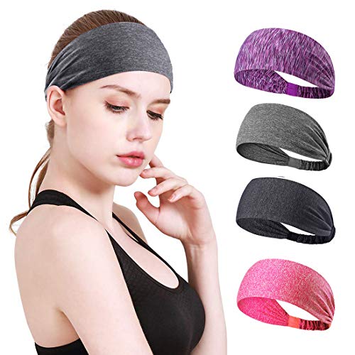 Maxjoy Workout Headbands for Women & Men-Non Slip Sweatband for Workout,Durable, Breathable Headband for Outdoor Fitness Running Yoga Cycling Hiking,Performance Stretch (Purple+Gray+Light Black+Red)