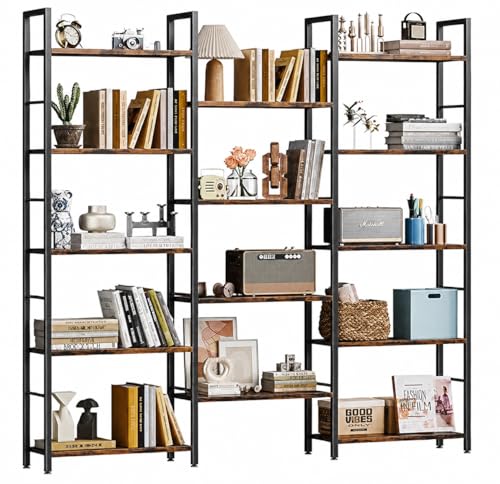 Shintenchi Triple 5 Tier Bookshelf, Industrial Large Bookcase with 14 Open Display Shelves, Large Etagere Bookshelf,Wide Book Shelf Book Case for Home & Office, Brown