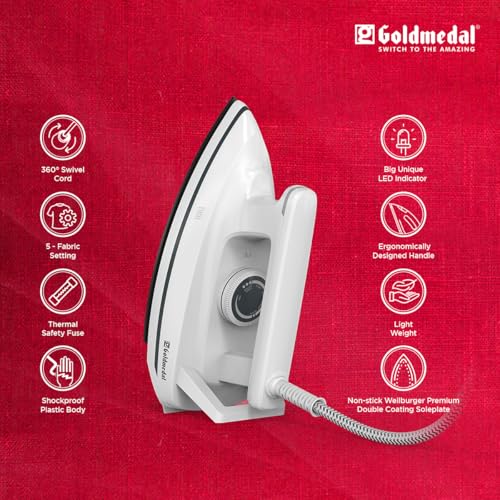 Image of Goldmedal Neo 1000W Faster Heating Dry Iron| 5- Fabric Setting | Thermal Fuse for Additional Safety| 1.8 Meter Cord Length|30 Months Warranty (White)