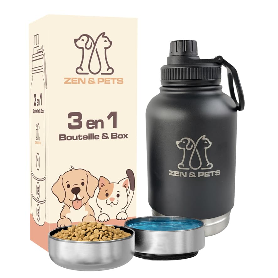 Gourde Chien Chat pour balades Vacances, Bouteille d'eau Chiens et Chats Voyage, Isotherme Acier Noir, gamelle pour Aliments, 3 Compartiments
