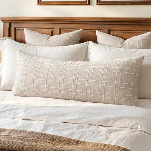 MIULEE Long Lumbar Throw Pillow Cover 14x36 Soft Linen Check Decorative Pillowcase Pack of 1 Vintage Farmhouse Textured Accent Cushion Cover for Sofa Couch Bedroom Living Room Natural Beige