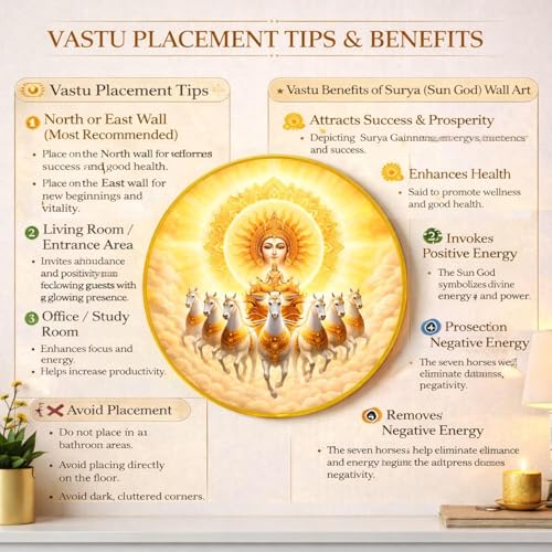Image of 7 Running Horse Wall Art Painting With Frame For Living Room| Seven Horses Surya Dev Vastu Decor Framed Painting | Sun God Spiritual Round Wall Hanging for Home, Office & Gifting, 12 Inch