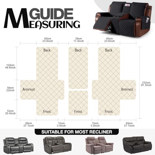 Image of KinCam 100% Waterproof Recliner Loveseat Cover with Console, Non-Slip Reclining Couch Covers for 2 Seat, Recliner Sofa Cover Furniture Protector with Elastic Straps for Kids, Pets, Black