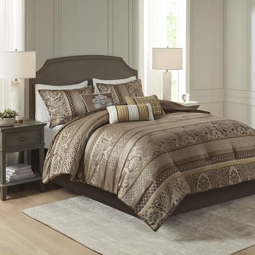 Madison Park Bellagio Cozy Comforter Set - Luxurious Jaquard Traditional Damask Design, All Season Down Alternative Bedding with Matching Shams, Decorative Pillow, Queen(90"x90"), Brown/Gold 7 Piece - Image 3