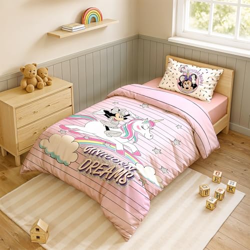 Image of Sassoon Disney Minnie & Unicorn Digital Printed, Cotton Single Bedsheet, 300 TC, 1 Pillow Cover, Fade Resistant, Bedsheet for Kid's Bedroom, (1.50m X 2.35m)