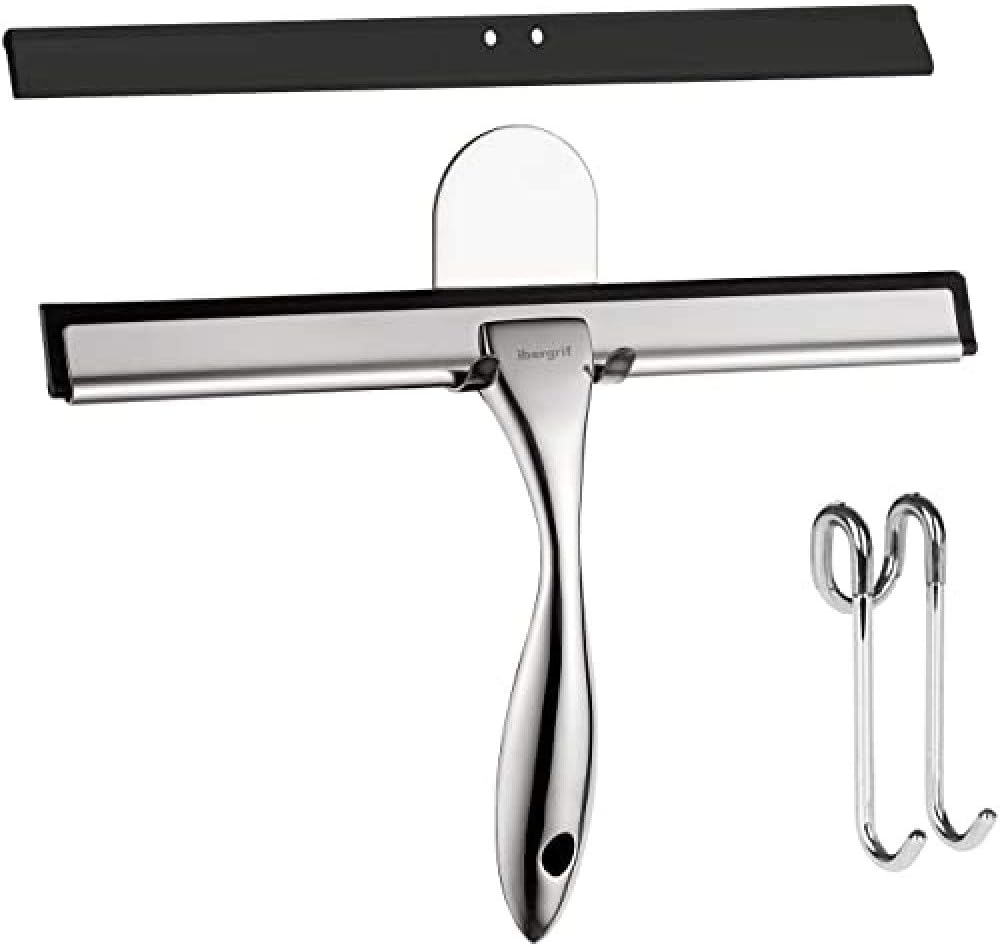 – M34101 Shower Squeegees, Silicone Window Squeegee, Shower Cleaner for Window, Glass, Shower Door, Car Windshield, Include Shower Hooks, Stainless Steel
