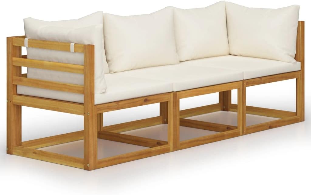 vidaXL 3-Seater Patio Sofa with Cream Cushions - Solid Acacia Wood Lounge Set Suitable for Outdoor Use - Requires Assembly