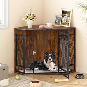YITAHOME Corner Dog Crate Furniture 52 Wooden Dog Crate with Dog Cushion Dog Kennel Indoor for Small Medium Large Dogs Brown
