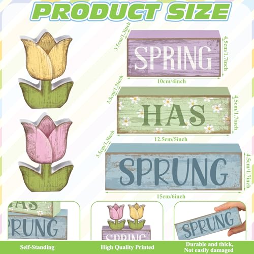 Image of Moucuny 4 Pcs Spring Table Decorations Wooden Stacked Block Sign with Tulip Decor - inchspring Has Sprung inch Centerpiece Rustic Easter Tiered Tray Decorations Flower Signs for Home Kitchen Tabletop Mantel