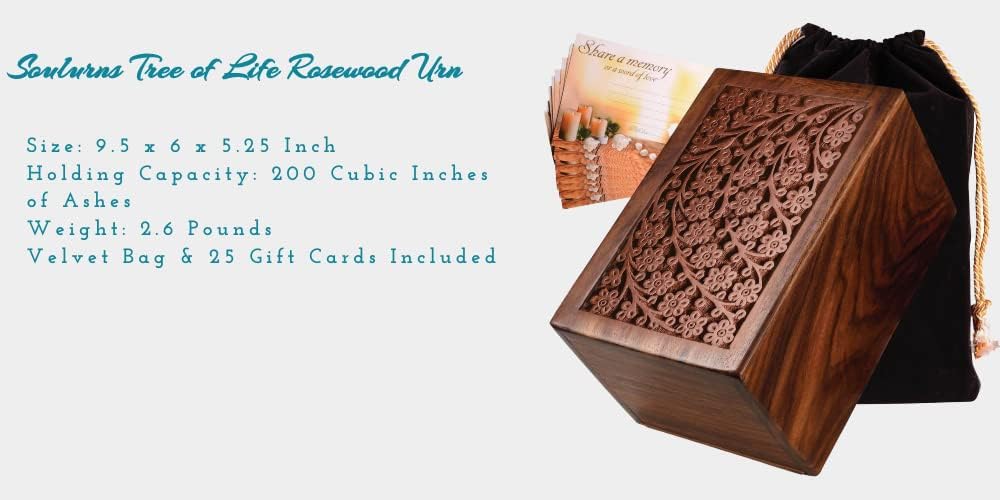 SOULURNS Tree of Life Wooden Urn for Human Ashes Adult – Handmade Rosewood Cremation Urn for Ashes Adult Male & Female – Large Funeral Memorial Urn with Velvet Bag (Fits 200 Lbs)