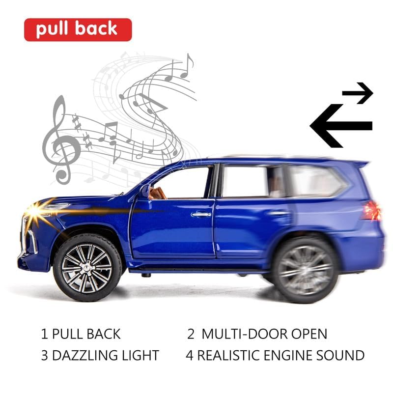 Image of Kids Model 1:24 Lx570 Die Cast Metal Car Pull Back Action Opening Doors with Realistic Engine Sound Lights Toy Car Gift for Boys - Blue
