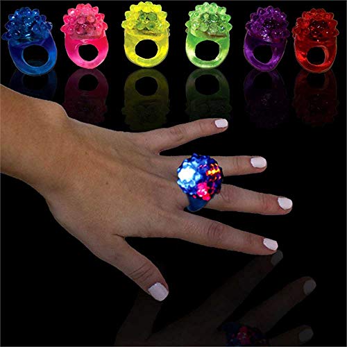 Pack of 24 Light-Up Flashing Novelty Rings Club Rave Birthday Party Favors Jelly LED Glow-In-The-Dark Neon Bag Stuffers Colorful Rubber Rings, Multi-Color Berry