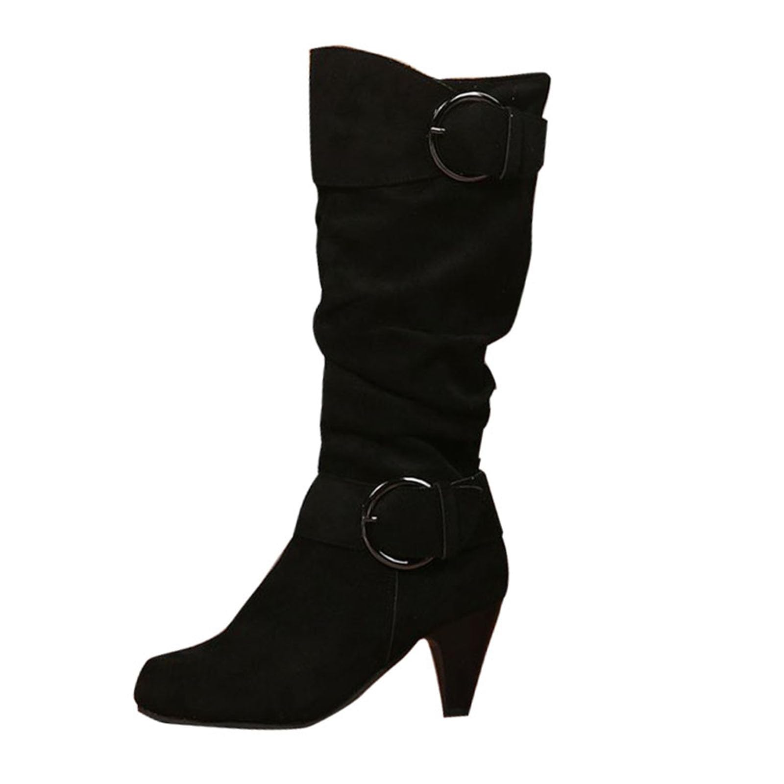 Womens Boots Fashion Faux Suede Buckle Strap Side Zipper Boot Mid High Calf Crew Toe Cat Heels Boots