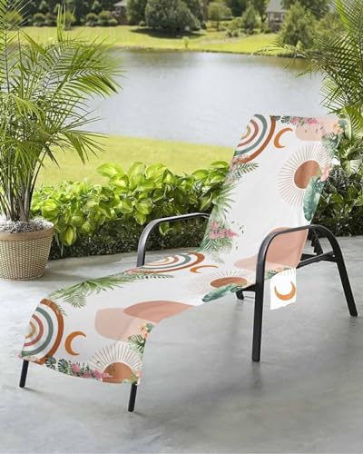 Beach Pool Patio Lounge Chaise Chair Cover Towel with Pockets,Middle Century Absorbent & Quick Dry Microfiber Towel Cover Bag Summer Travel Accessories Abstract Boho Aesthetic Nature Leaf Modern