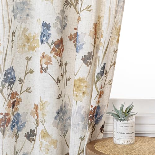 Image of MYSKY HOME Floral Linen Kitchen Tier Curtains 24 Inch Length 2 Panels Farmhouse Semi Sheer Privacy Small Window Treatments Rod Pocket for Bathroom Basement, Yellow, 30 inch Wide