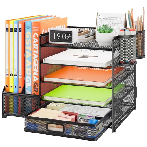 VITVITI Robuste Organisateur de Bureau avec Porte-Documents, 5 Niveaux - Porte-Lettres avec Tiroir et 2 Porte-Stylos - Compartiments de Rangement en Maille...