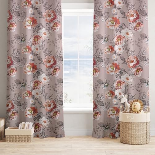 Image of Floral Printed True Blackout Window Curtains 5 Feet Set of 2 | Heavy Room Darkening Thermal Insulated Eyelet Parda for Living Room & Bedroom | Curtains with Tie Back (121x152cm, Dusty Pink)