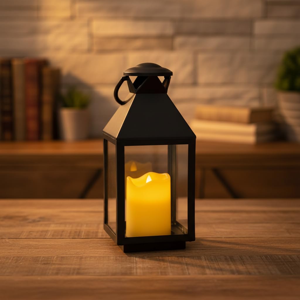 Coku LT-15 Vintage LED Candle Lantern with LED Pillar Candle, Battery Operated Wall Hanging Lamp Decorative Lantern, Flickering Antique Glass Candle Holder for Home Decor, Diwali (Black, Pack 1)-image-42