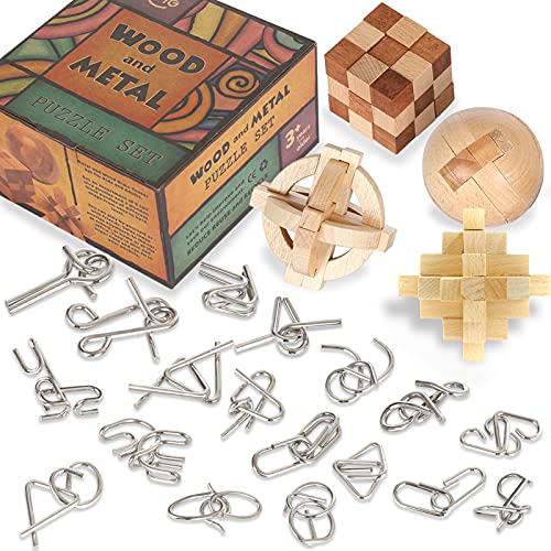 Brain Teasers 22 Pcs for Kids,Teen and Adults, Metal and Wooden Puzzles Set, 3D Unlock Interlock Assorted Mind, IQ Logic Test，Handheld Disentanglement Puzzle Bundle with Sphere Puzzles，Storage Bag