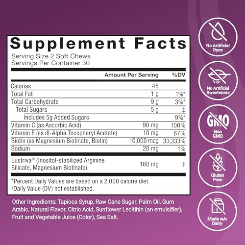 Image of Force Factor Hair Growth Accelerator Soft Chews, Vitamins for Women and Men with Clinically Studied Lustriva and Biotin, Promotes Thicker, Fuller, Stronger Hair, Mixed Berry, 60 Soft Chews (Pack of 2)