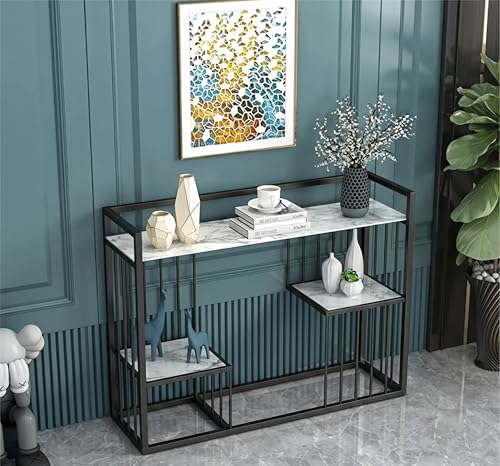Image of ARTROCK Modern 3-Tier Console Table with Faux Marble Shelves, Gold Metal Frame, Narrow Entryway Sofa Table, Luxury Display Shelf Organizer for Living Room, Hallway, Bedroom & Office (White Black)