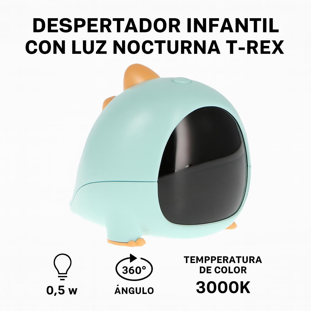 M mimotec - Despertador Infantil con Luz Nocturna T-Rex, Lámpara mesita de noche infantl, Temperatura Cálida 3000K, Diseño creativo con Acabado Opal. LM9211