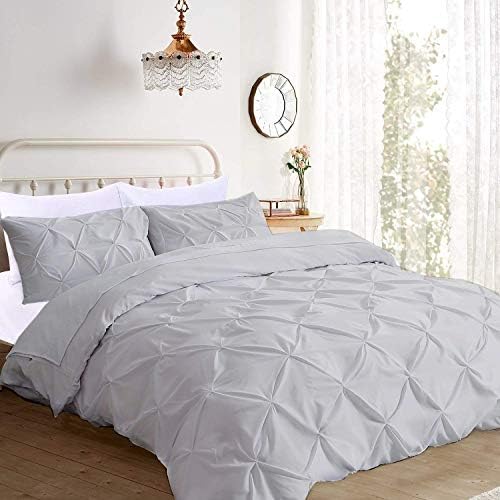YouGottaIt Pinch Pleated 1Pcs Duvet Cover Zipper & Corner Ties 100% Egyptian Cotton 600TC Luxurious Premium Quality & Pintuck Decorative Duvet Cover (Queen/Full 90x90, Silver)
