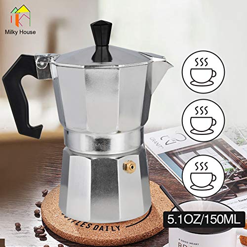 3-Cup Stovetop Espresso Maker, Italian Moka Pot Coffee Maker, Italian Cuban Expresso Stove Top Small Coffee Maker Machine Flavor Strong Cafetera Percolator Electricas Pots, Aluminum Silver 5.3Oz/150ML