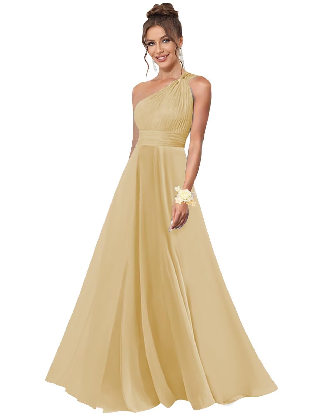 Aootumi One Shoulder Bridesmaid Dresses for Wedding Chiffon A Line Pleated Long Formal Prom Dress with Pockets